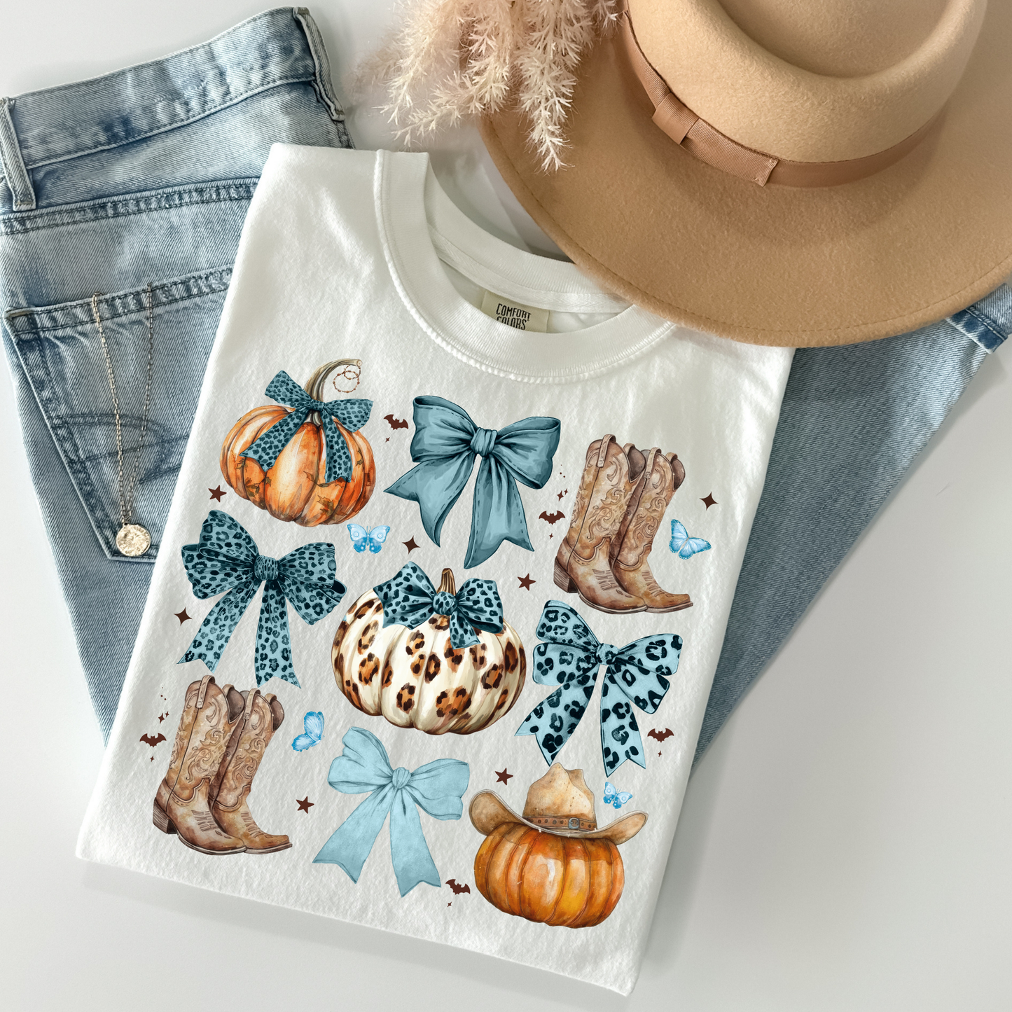 Pumpkin/Boots w/Blue Bows Full Color DTF Transfer