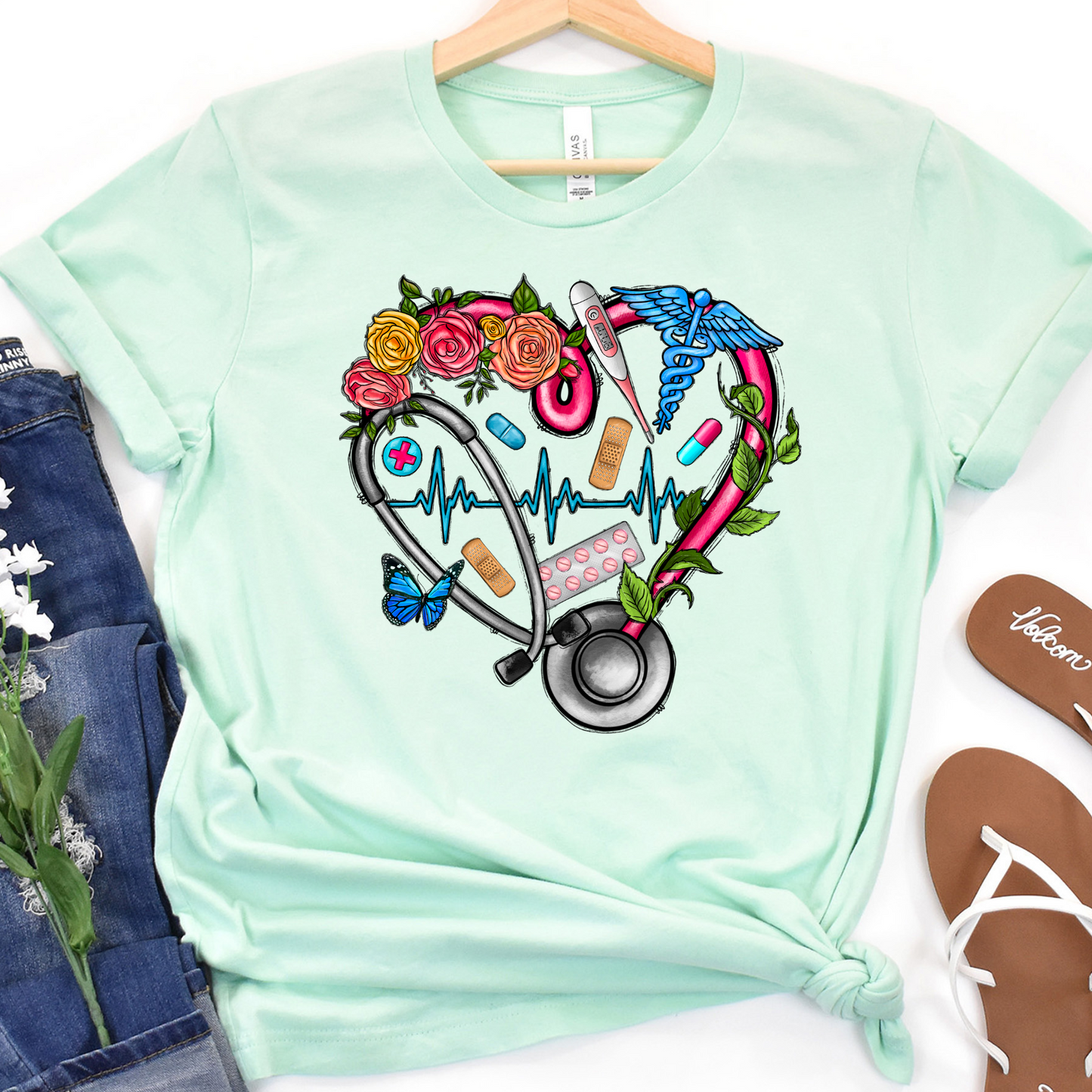 Floral Nurse Stethoscope Full Color DTF Transfer