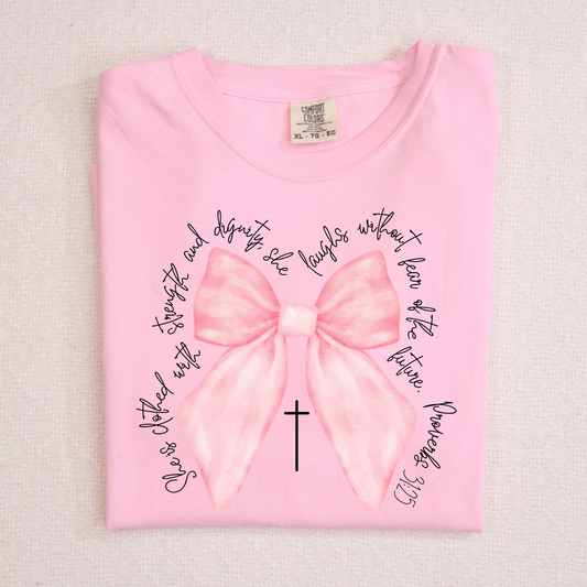 She Is Clothed with Strength (Bow)... Proverbs 31:25 Full Color DTF Transfer