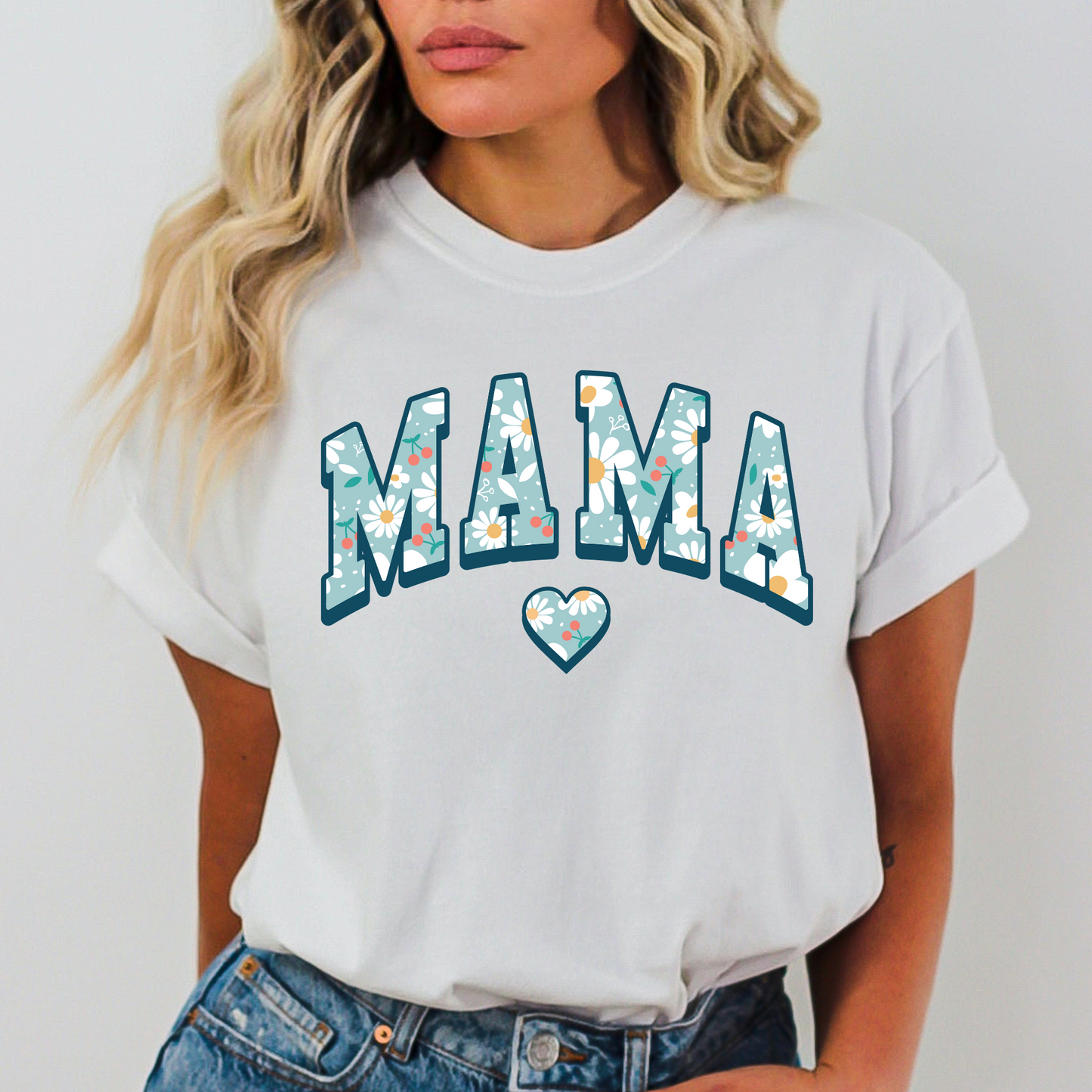 Mama (Blue Floral w/Heart) Full Color DTF Transfer