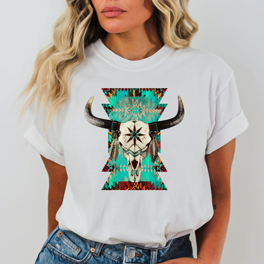 Bull Skull Turquoise Serape Background Full Color DTF Transfer