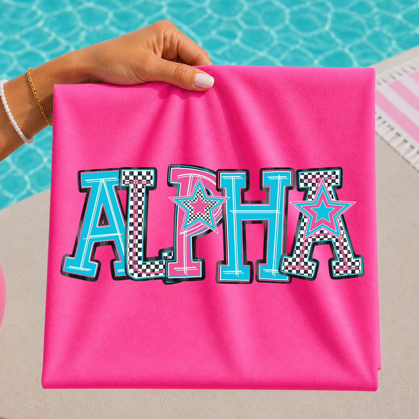 Teal/Pink Checkered Alpha (SINGLE WORD ONLY) Full Color DTF Transfer