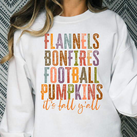 Flannels Bonfires Football Pumpkins Its Fall Y'all Full Color DTF Transfer