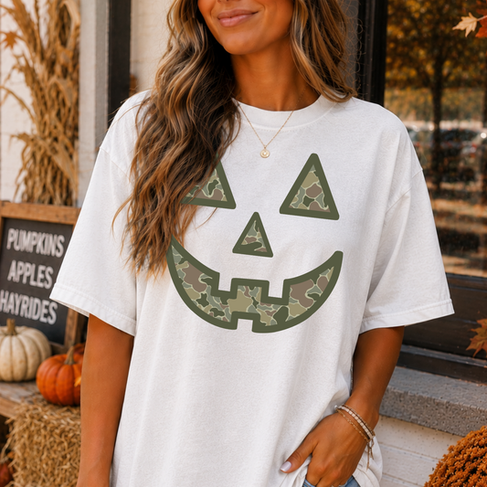 Camo Pumpkin Face Full Color DTF Transfer