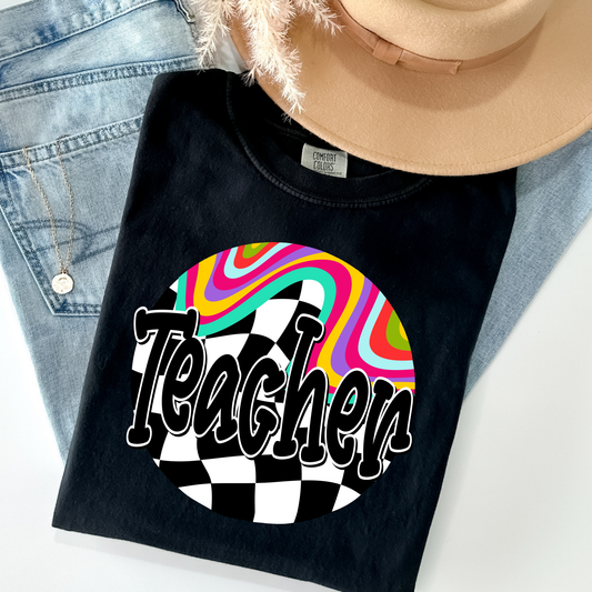 Groovy Teacher (Circle w/Checkered) Full Color DTF Transfer