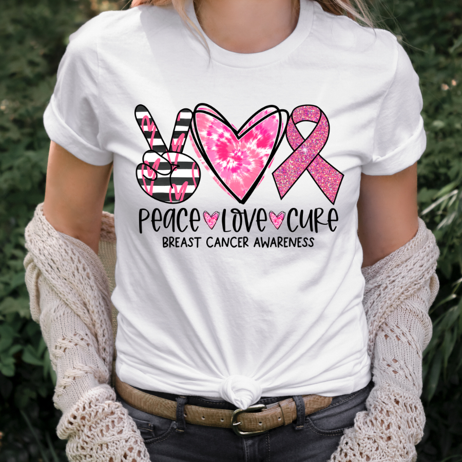 Peace Love Cure Breast Cancer Awareness Full Color DTF Transfer