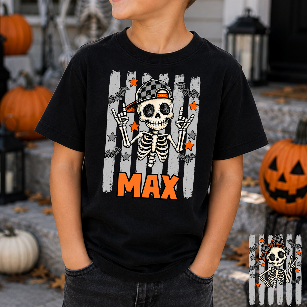 Personalized Skeleton w/ Striped Background (Boy/Girl - Light Grey/Dark Grey Option) Full Color DTF Transfer