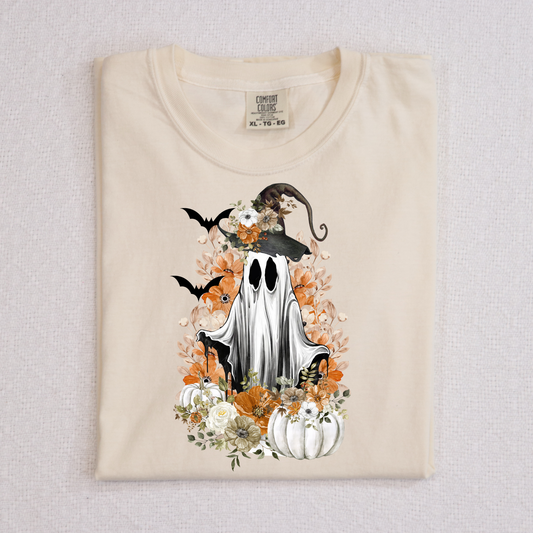 Ghost w/Bat, Pumpkins, Flowers Full Color DTF Transfer