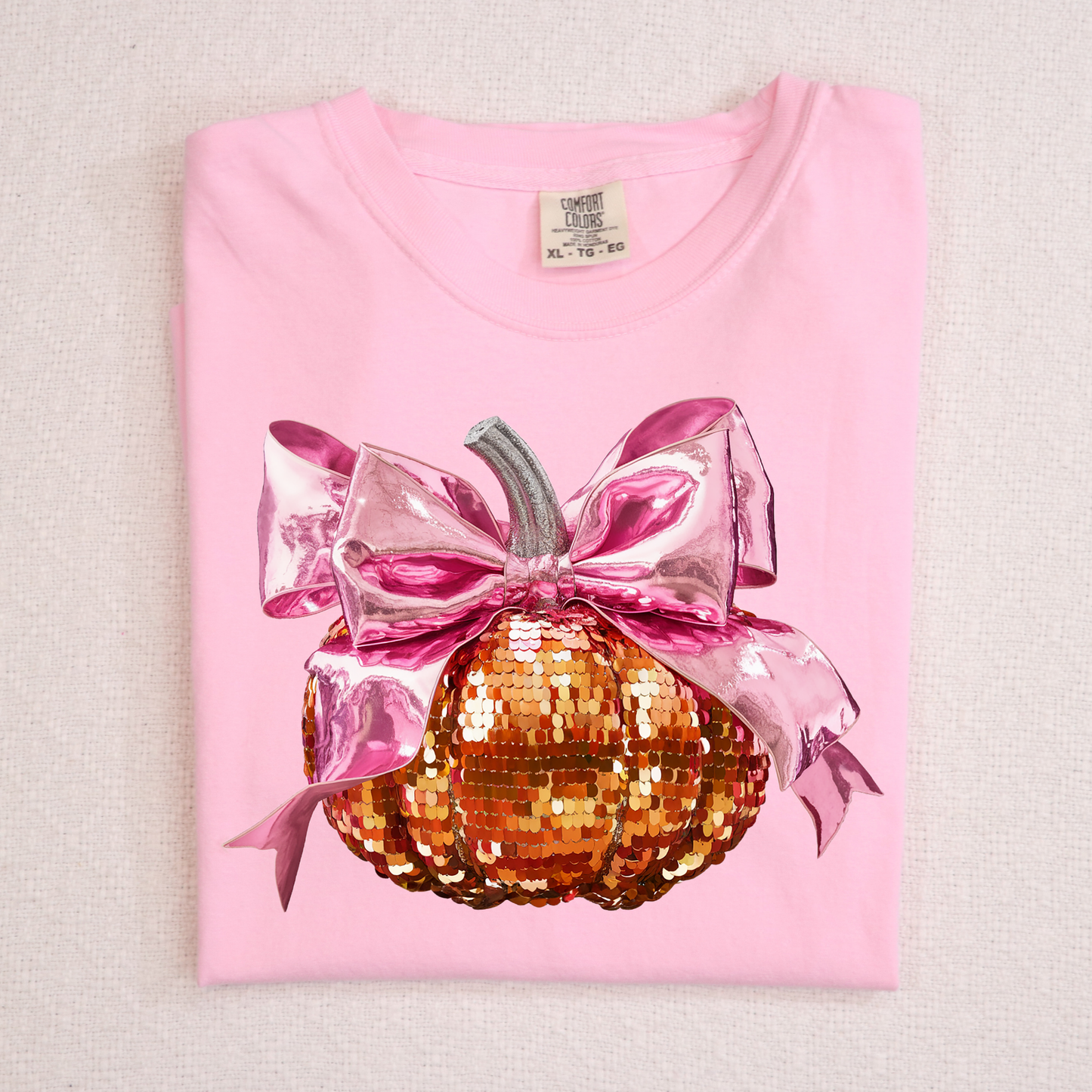 Faux Sequin Pumpkin w/ Pink Bow Full Color DTF Transfer