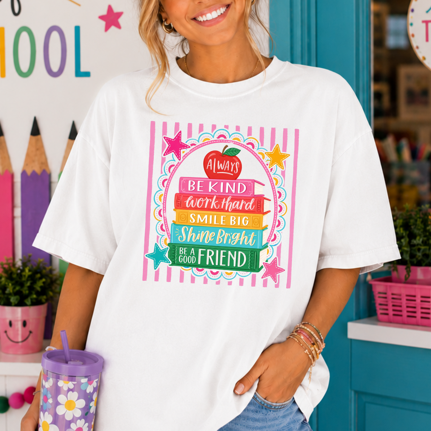 Always Be Kind (Stacked Books w/Apple) Full Color DTF Transfer