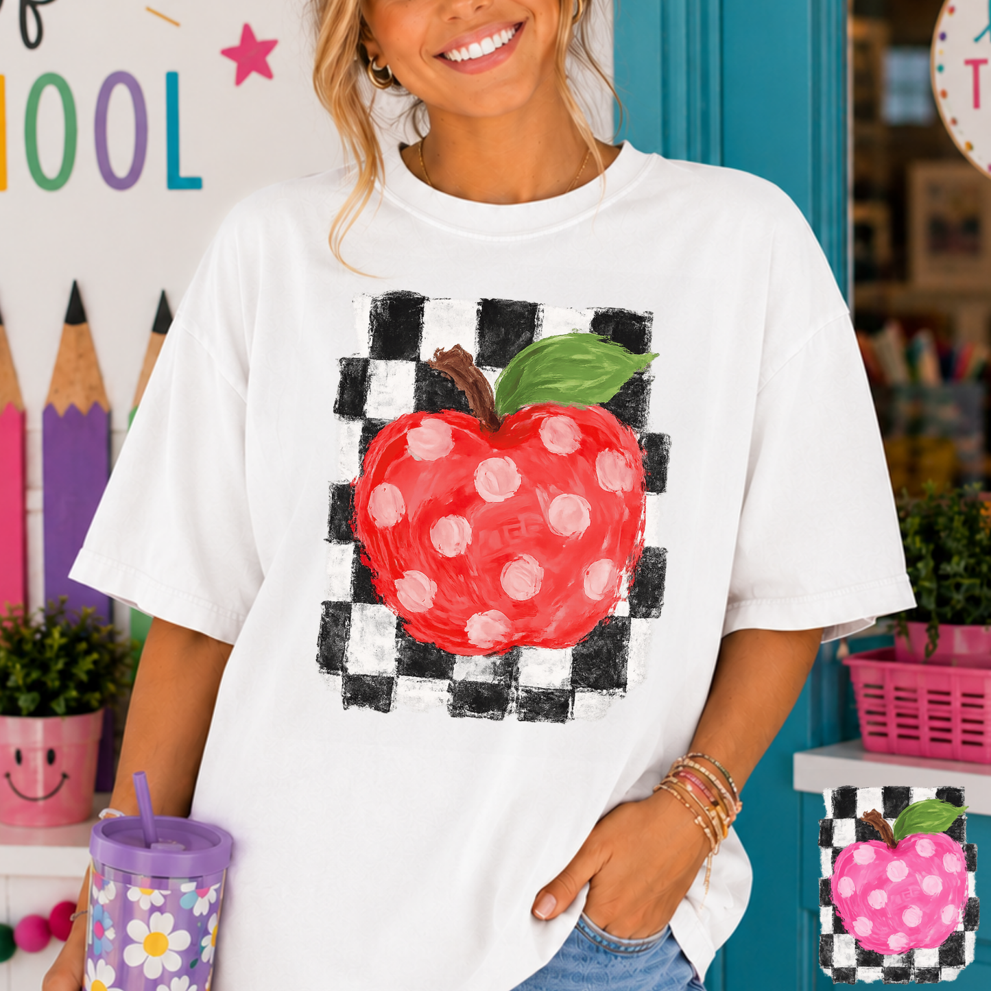 Polka Dot Apple w/ Checkered Background Full Color DTF Transfer