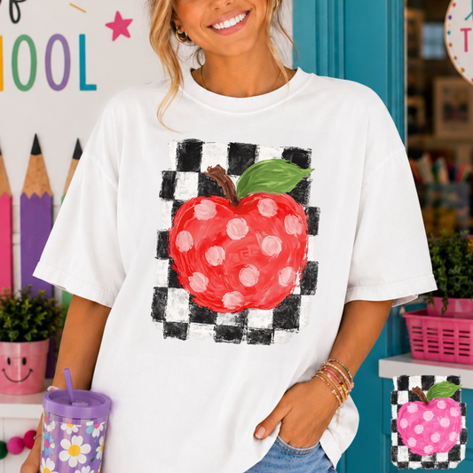 Polka Dot Apple w/ Checkered Background Full Color DTF Transfer