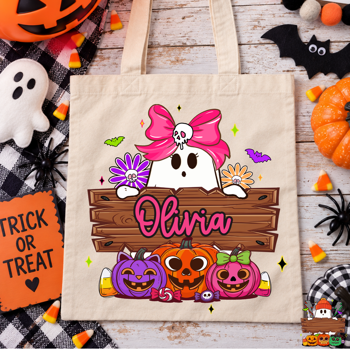 Personalized Ghost w/Pumpkins (Girl/Boy Option) Trick or Treat Bags