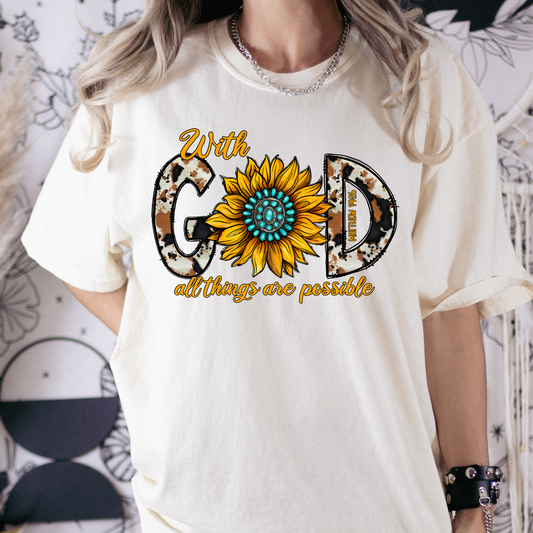 With God All Things Are Possible Matthew 19:26 (Cow Print/Sunflower)Full Color DTF Transfer