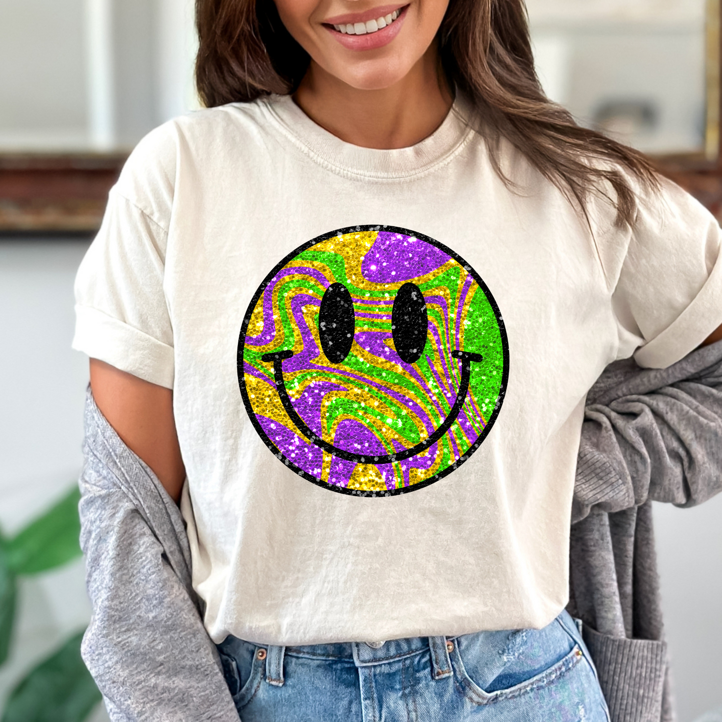 Mardi Gras Colored Smiley Face (Faux Glitter) Full Color DTF Transfers