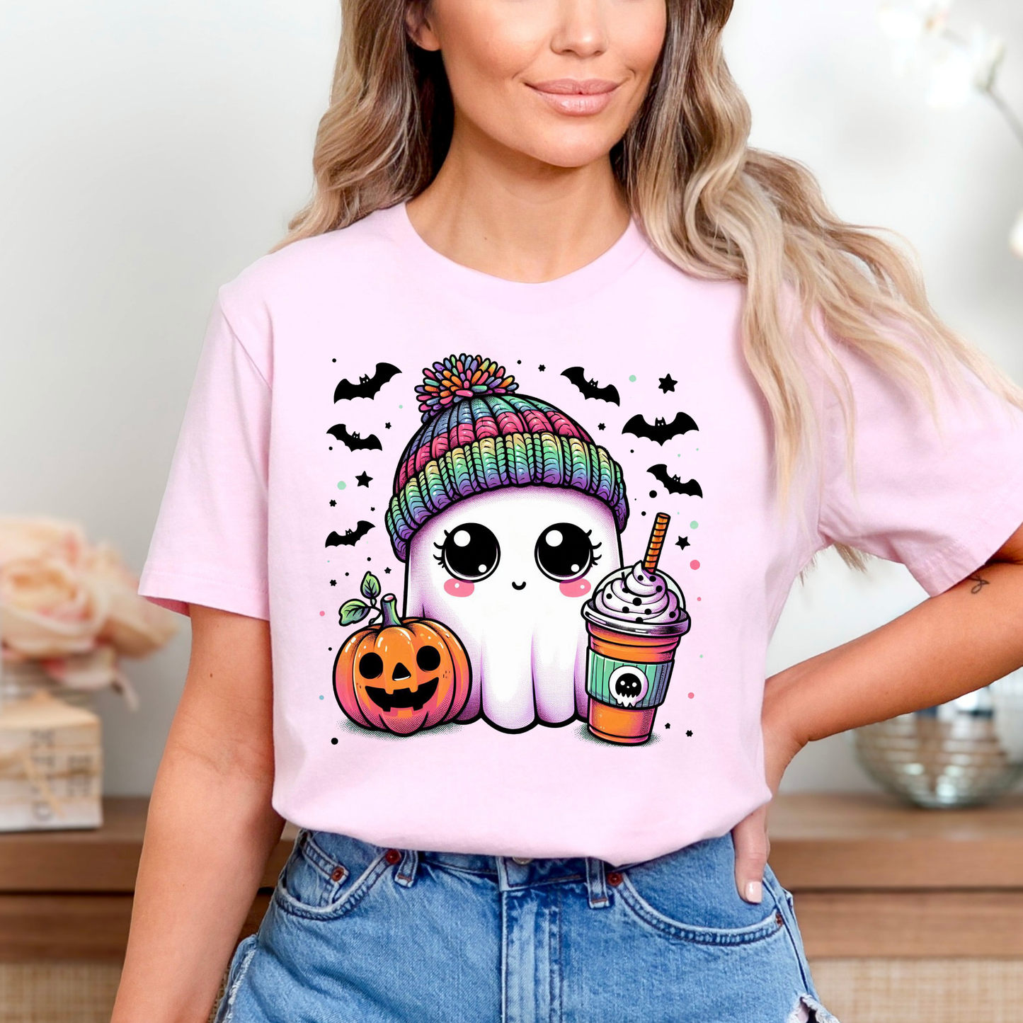 Cute Ghost w/Beanie & Coffee Full Color DTF Transfer