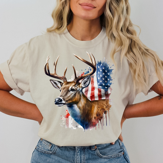 Deer Head w/ American Flag Background Full Color DTF Transfer