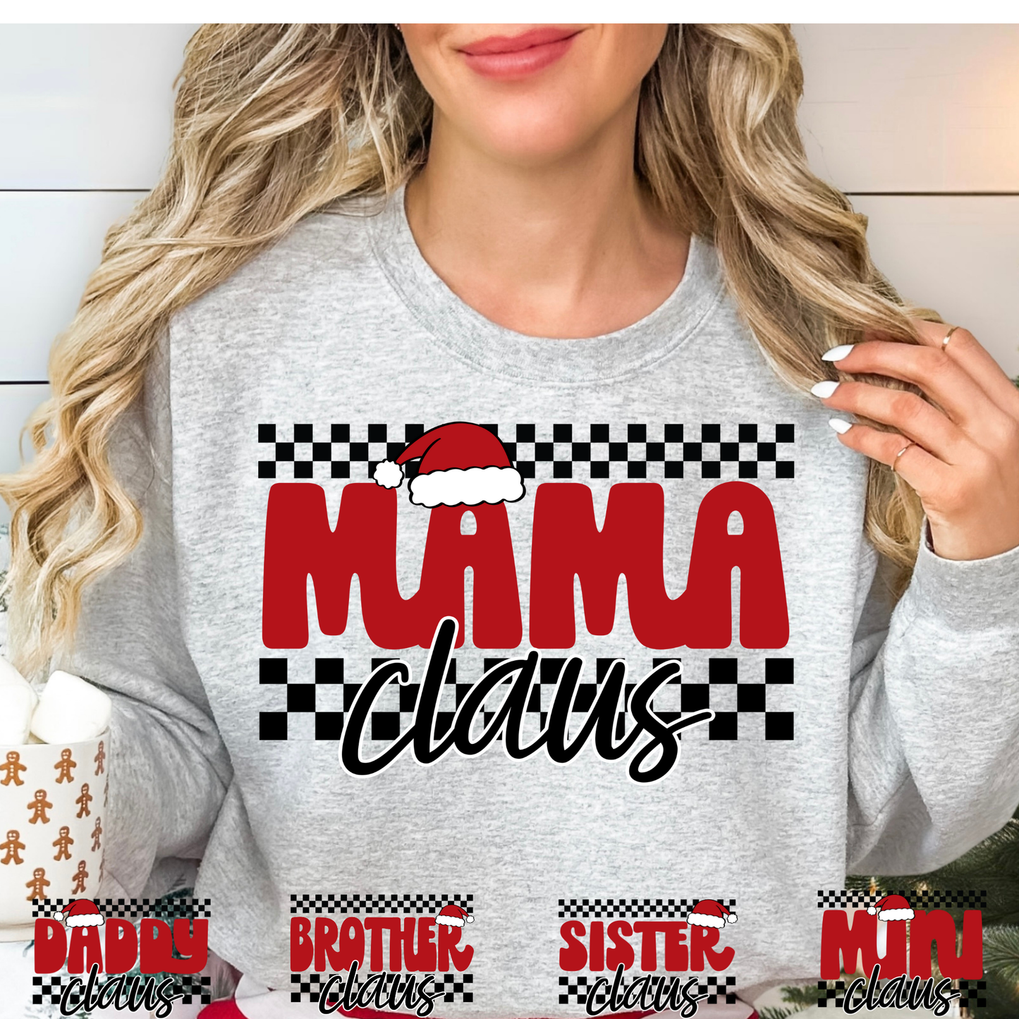Mama Claus (MULTI OPTIONS) Checkered w/Santa Hat Full Color DTF Transfer