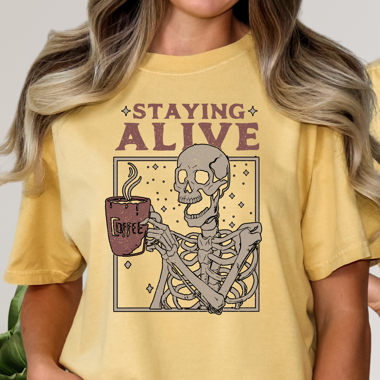 Staying Alive Skelton Drinking Coffee Full Color DTF Transfer