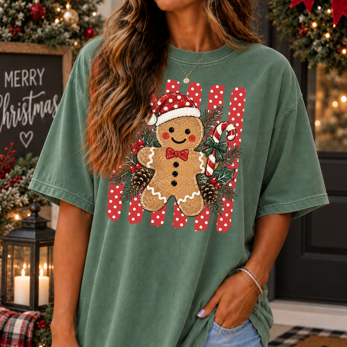 Gingerbread w/Striped Background Full Color DTF Transfer