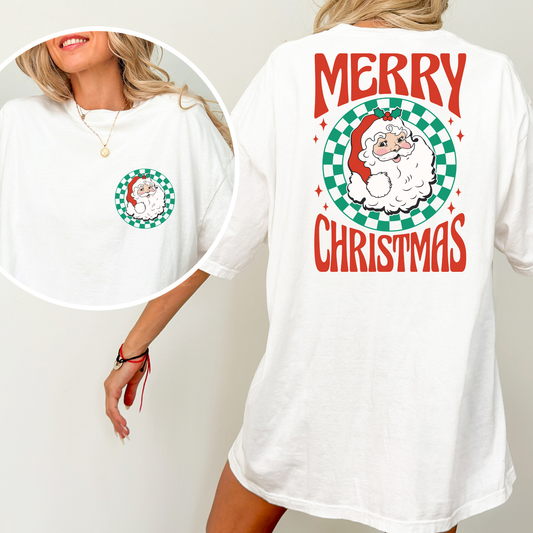 Merry Christmas (Checkered Circle) Santa Head Full Color DTF Transfer