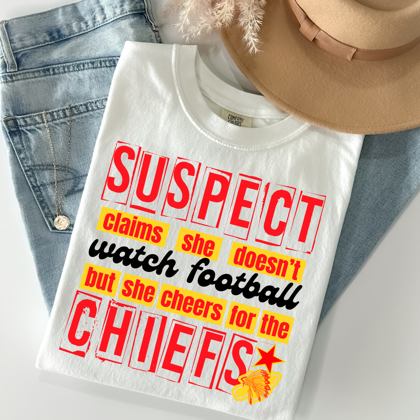 Suspect Claims She Doesn't Like Football But She Cheers For The Chiefs Full Color DTF Transfer