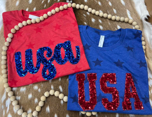 USA Sequin Star Embroidered T-Shirt
