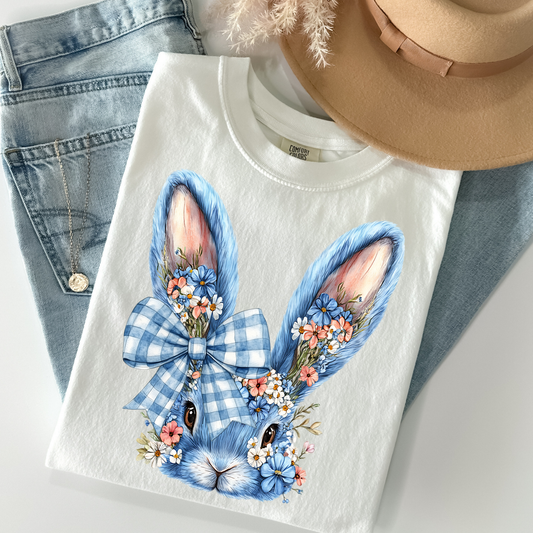 Blue Bunny (Checkered Bow) Full Color DTF Transfer