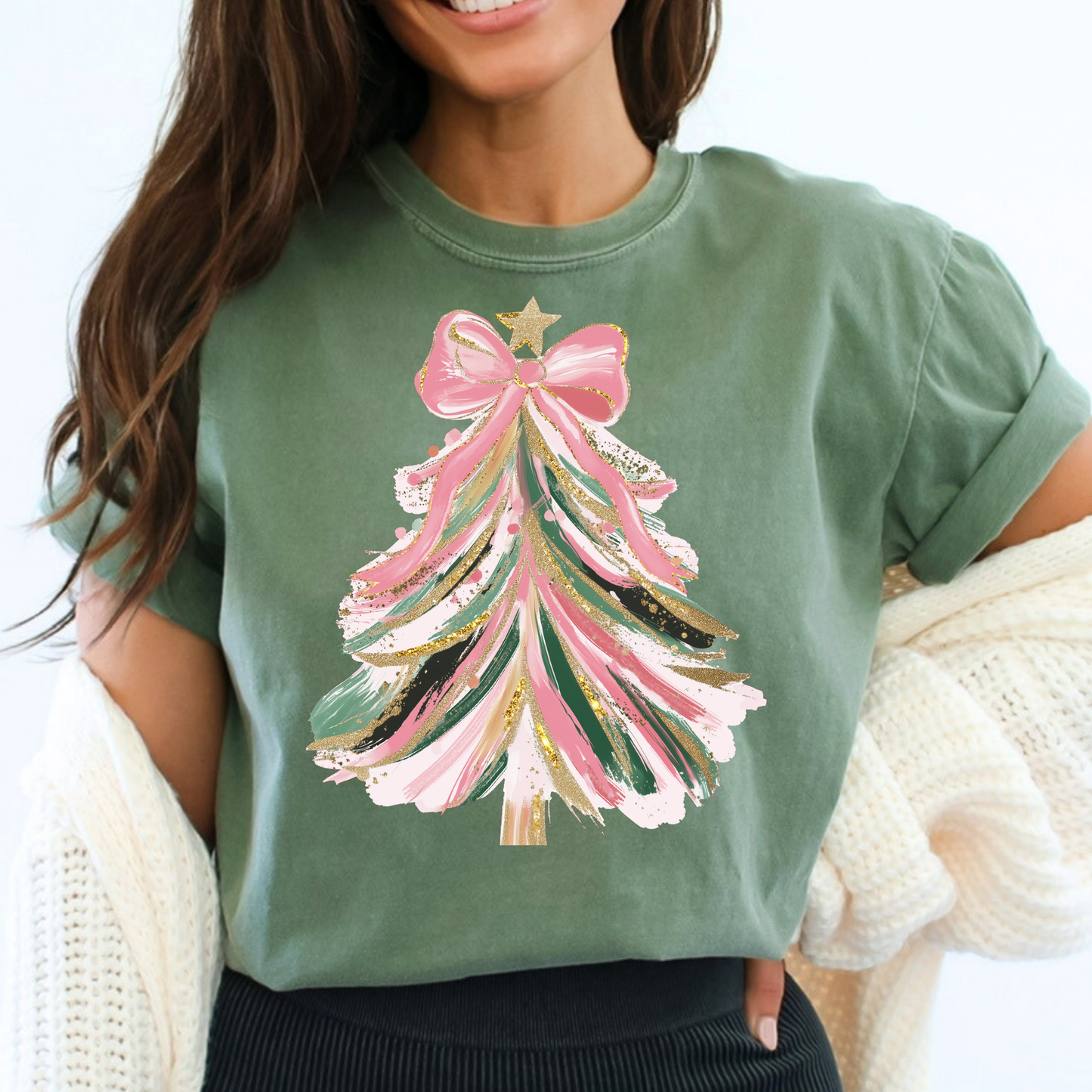 Brush Stroke Pink/Green Christmas Tree Full Color DTF Transfer