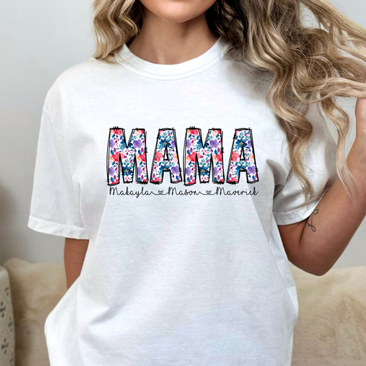 Mama w/Kids Names (Purple Floral - CUSTOMIZABLE) Full Color DTF Transfer