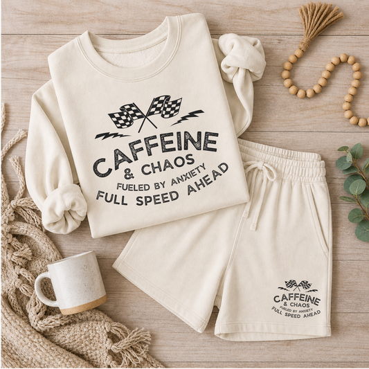 Caffeine & Chaos Fueled Bt Anxiety Full Speed Ahead Full Color DTF Transfer