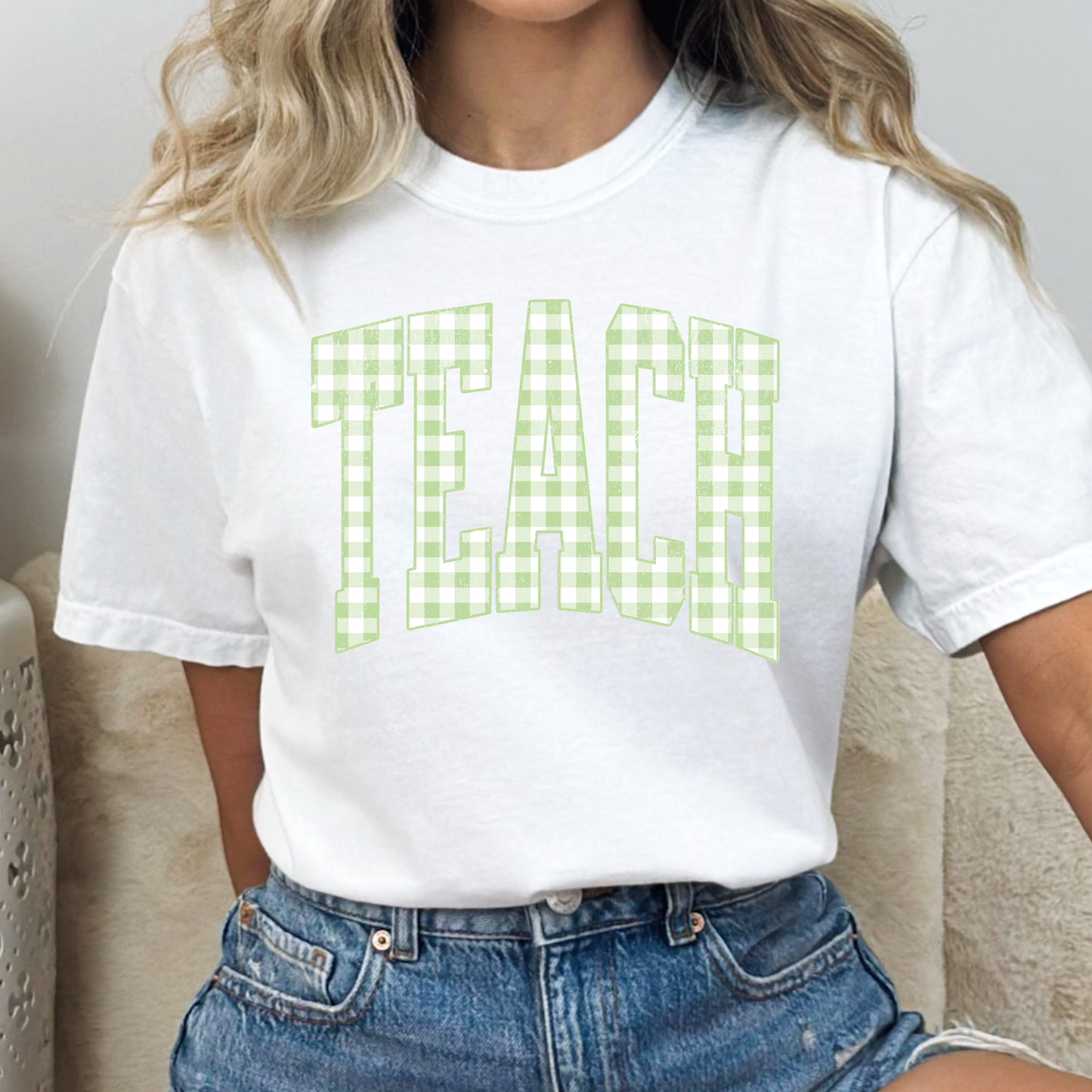Teach (Green Checkered/Gingham) Full Color DTF Transfer
