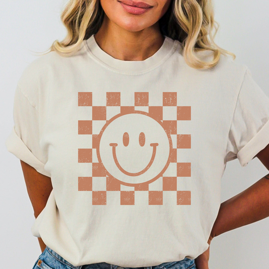 Checkered Background Smiley Full Color DTF Transfer