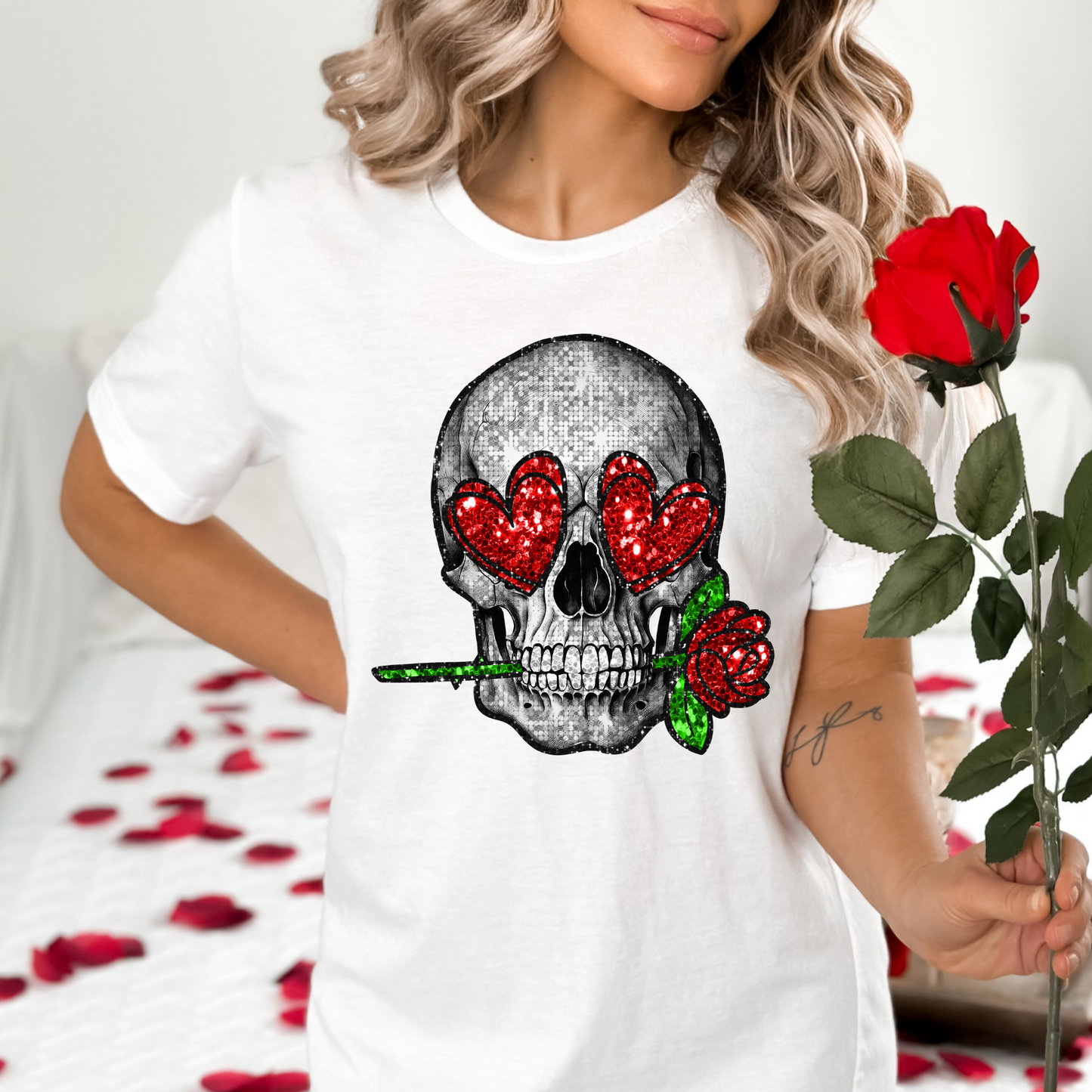 Skull w/ Heart Eyes & Rose (Faux Sequin) Full Color DTF Transfer