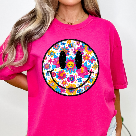 Floral Smiley (Bright Colors) Full Color DTF Transfer