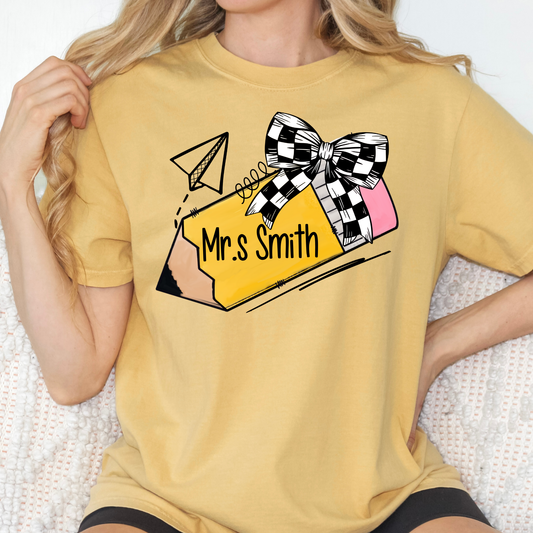 Personalized Pencil w/Checkered Bow Full Colot DTF Transfer