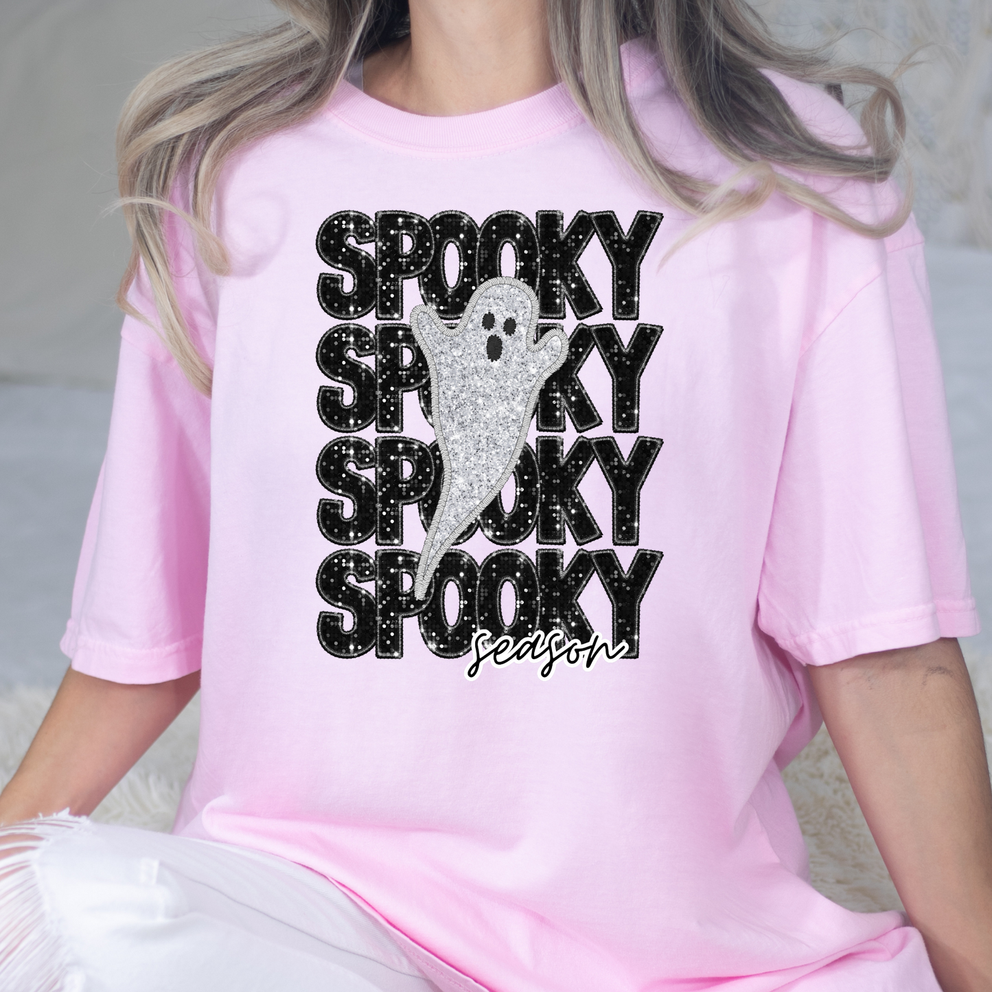 Spooky Season Stacked w/Ghost (Faux Embroidery w/Sequins) Full Color DTF Transfer