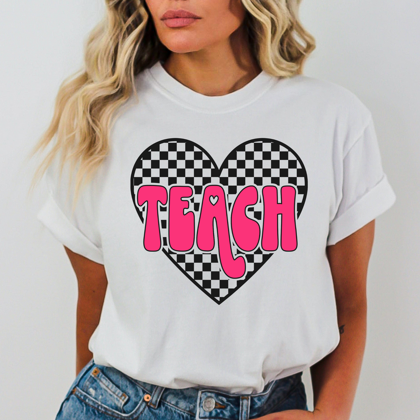 Pink Teach w/Checkered Heart Full Color DTF Transfer