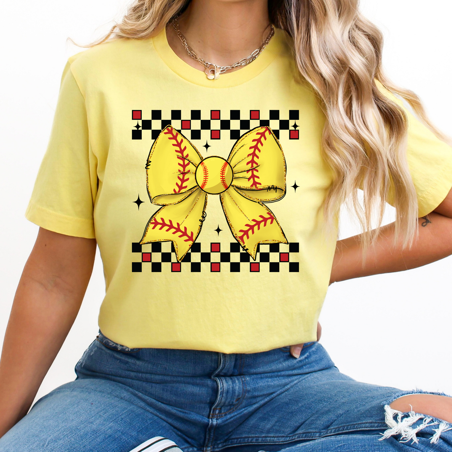 Softball Bow w/Checkered Border Full Color DTF Transfer