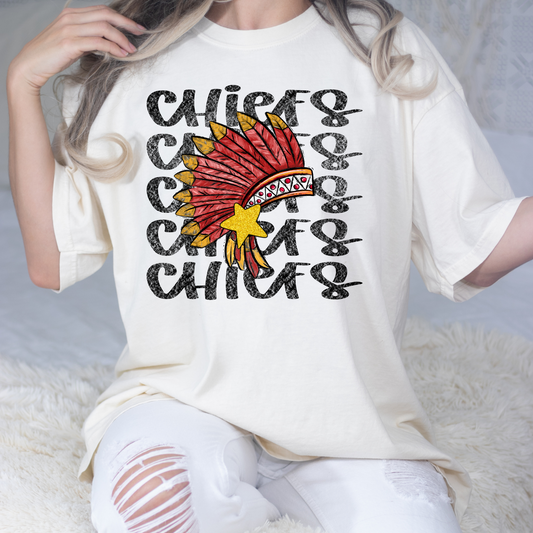 Chiefs Distressed (Repeat w/Head Dress) Full Color DTF Transfer