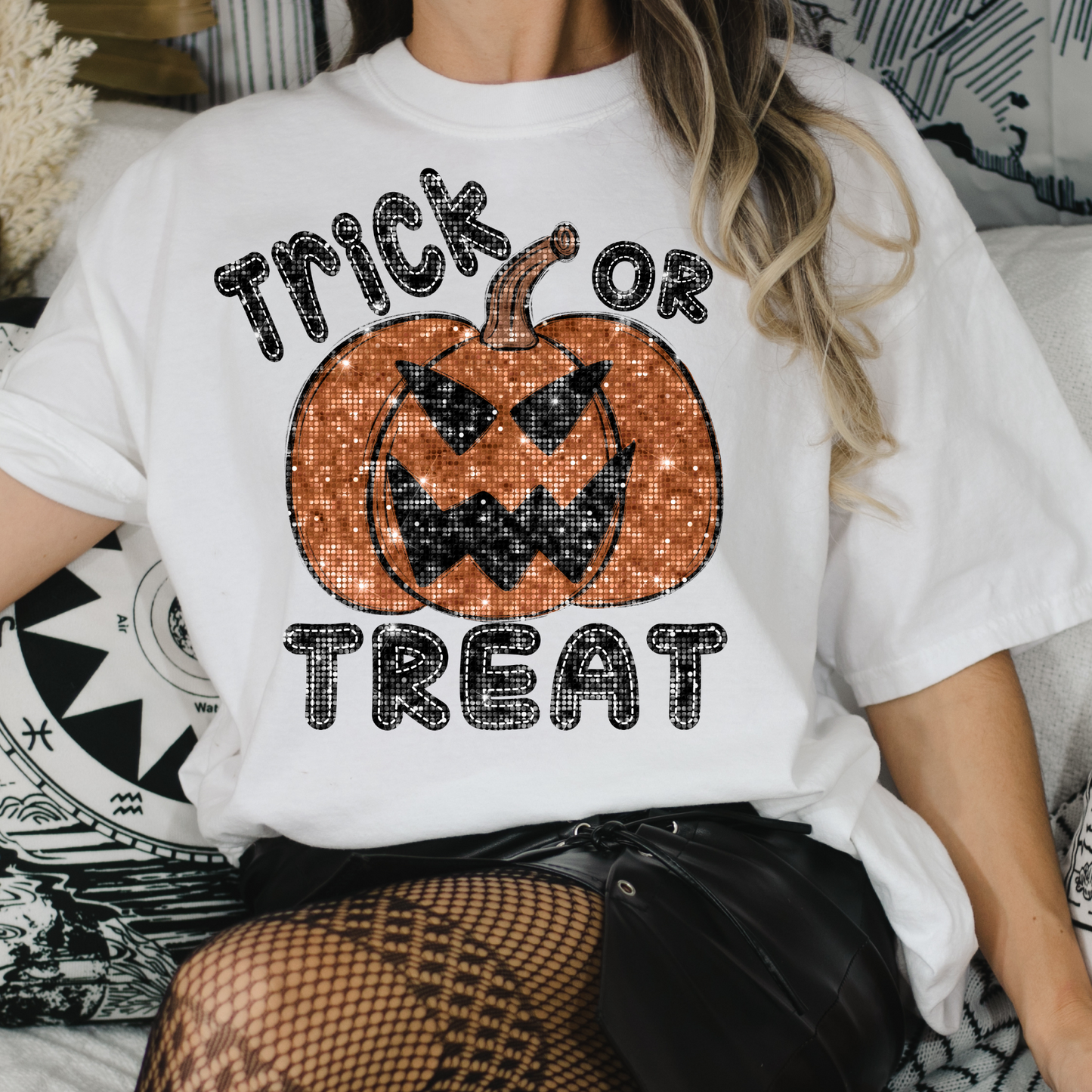 Trick or Treat Pumpkin (Faux Sequin and Embroidery) Full Color DTF Transfer