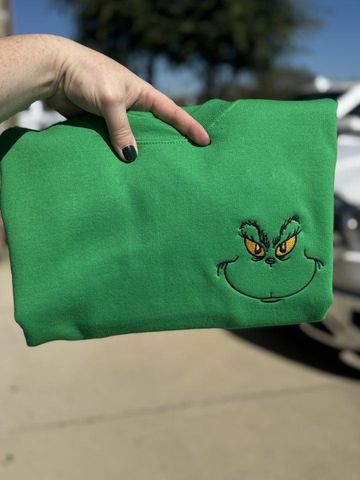 Grinch Face Embroidered Pocket Crewneck Sweatshirt