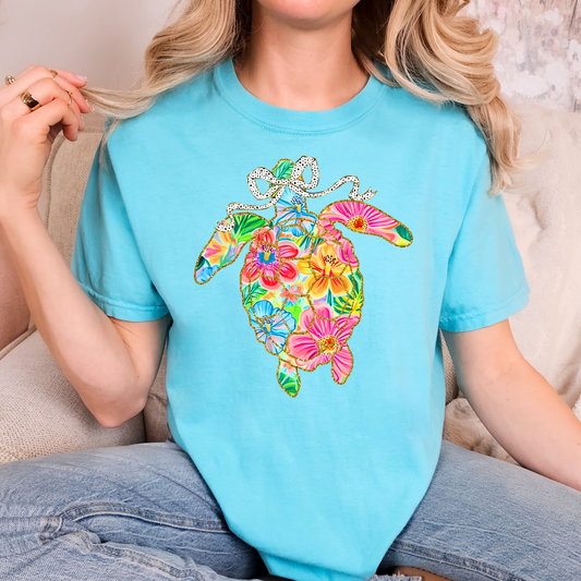 Brush Stroke Floral Turtle Full Color DTF Transfer
