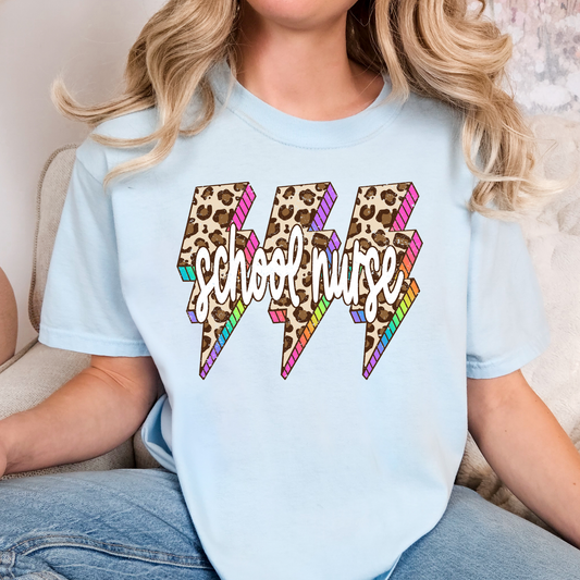 School Nurse Multi Color Leopard Lighting Bolts Full Color DTF Transfer