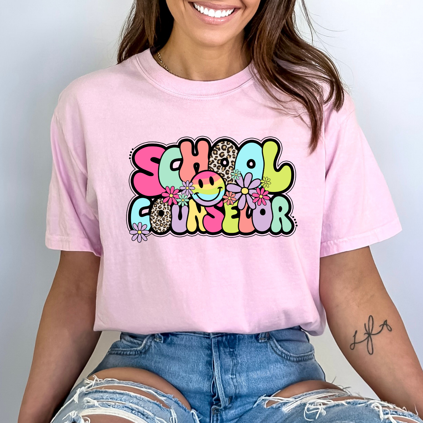 School Counselor Colorful (Smiley & Flowers) Full Color DTF Transfer