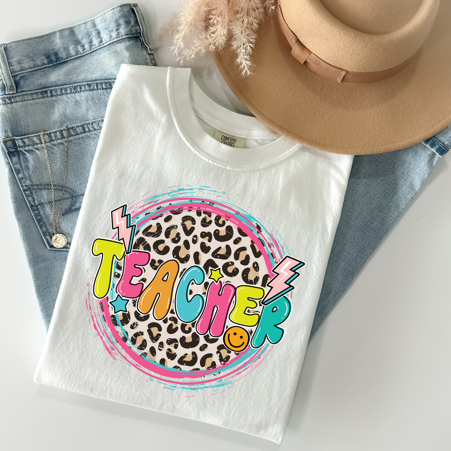 Teacher (Bright Colors w/Leopard Circle) Full Color DTF Transfer