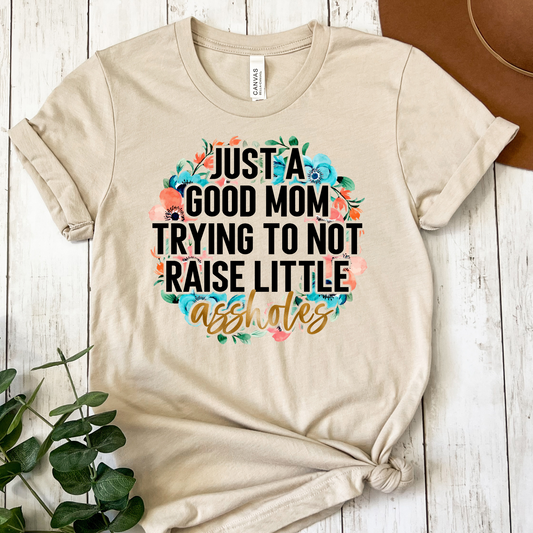 Just A Good Mom Trying Not To Raise Little Assholes Full Color DTF Transfer