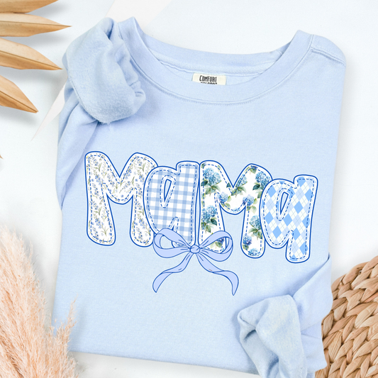 Blue Floral Mama w/Bow Full Color DTF Transfer