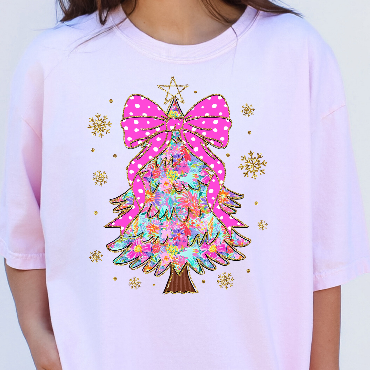 Brush Stroke Pink Bow Christmas Tree Full Color DTF Transfer