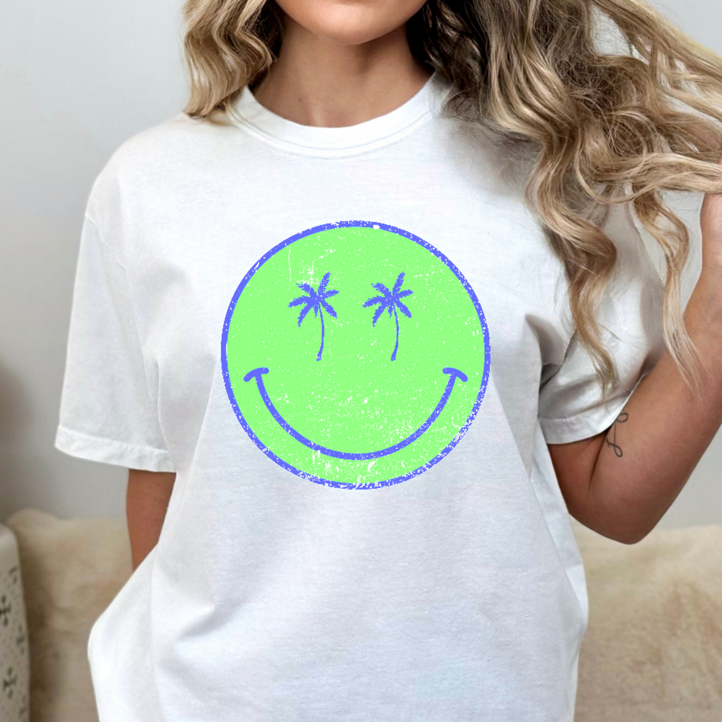 Bright Green Smiley (Palm Tree Eyes) Full Color DTF Transfer